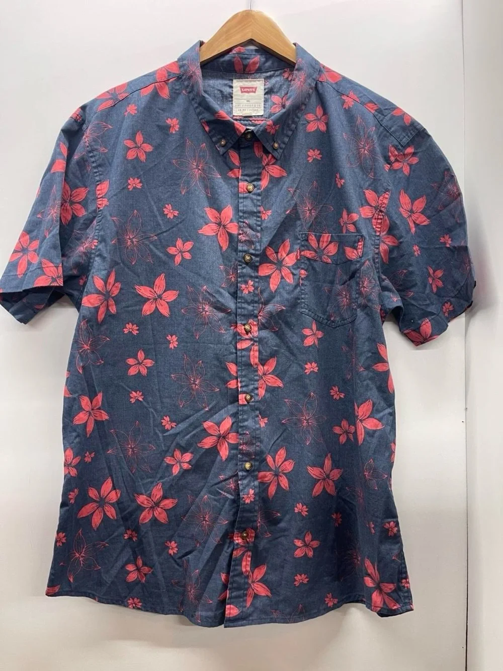 Levi's Navy Blue Short-Sleeve Button-Down with Coral Floral Print Hawaiian shirt